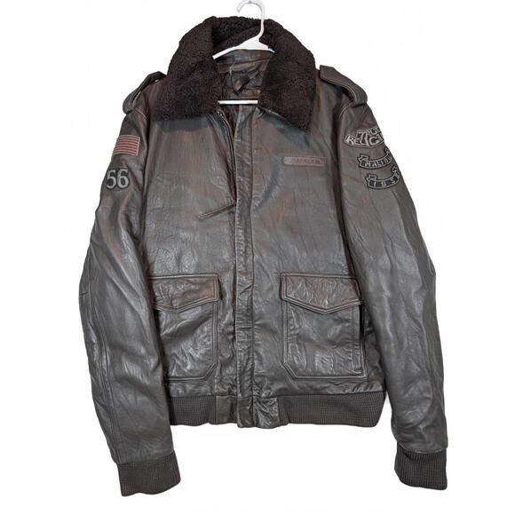 True Religion TR-80 So Cal Leather Bomber Sherpa Collar Jacket Mens XXXL Patches